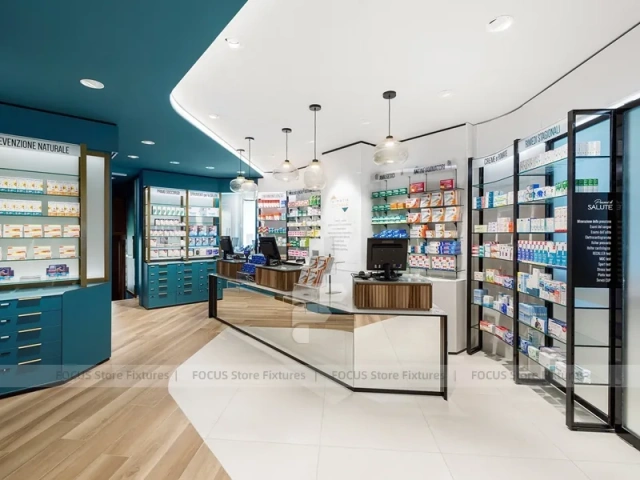 Teal Ceiling Pharmacy Wall Shelving Store Layout