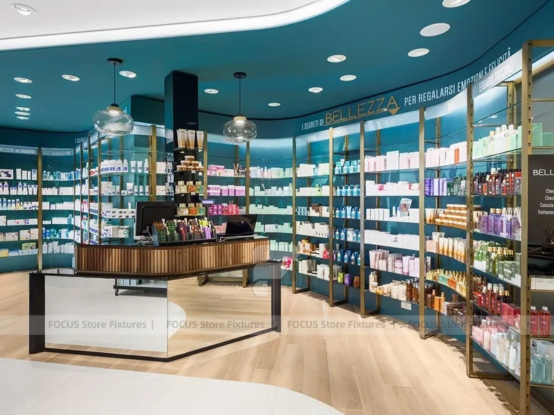 Teal Ceiling Pharmacy Wall Shelving Store Layout