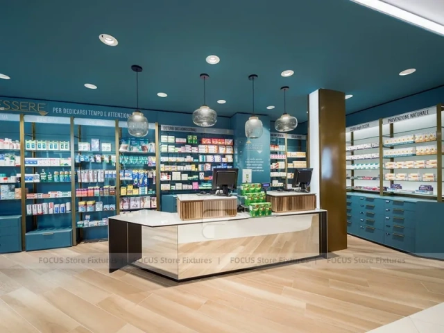 Teal Ceiling Pharmacy Wall Shelving Store Layout