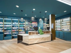 Teal Ceiling Pharmacy Wall Shelving and Counter Layout