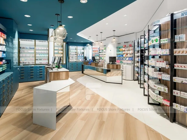 Teal Ceiling Pharmacy Wall Shelving and Counter Layout