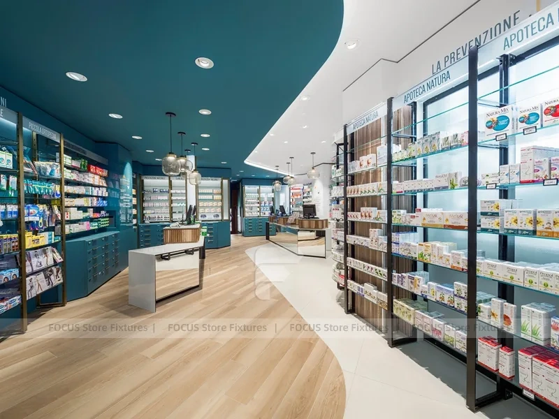 Teal Ceiling Pharmacy Wall Shelving and Counter Layout