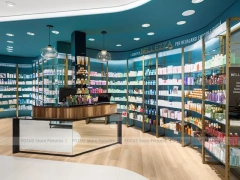 Teal Ceiling Pharmacy Wall Shelving and Counter Layout