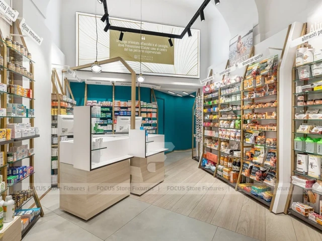 Teal Counter Pharmacy Retail Shelving Interior