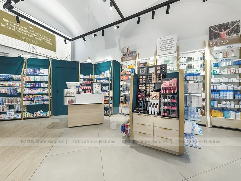 Teal Counter Pharmacy Retail Shelving Interior