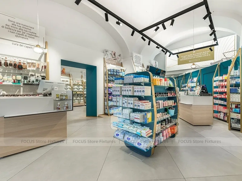 Teal Counter Pharmacy Retail Shelving Interior