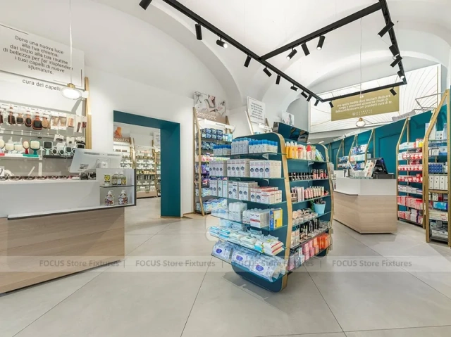 Teal Counter Pharmacy Retail Shelving Interior