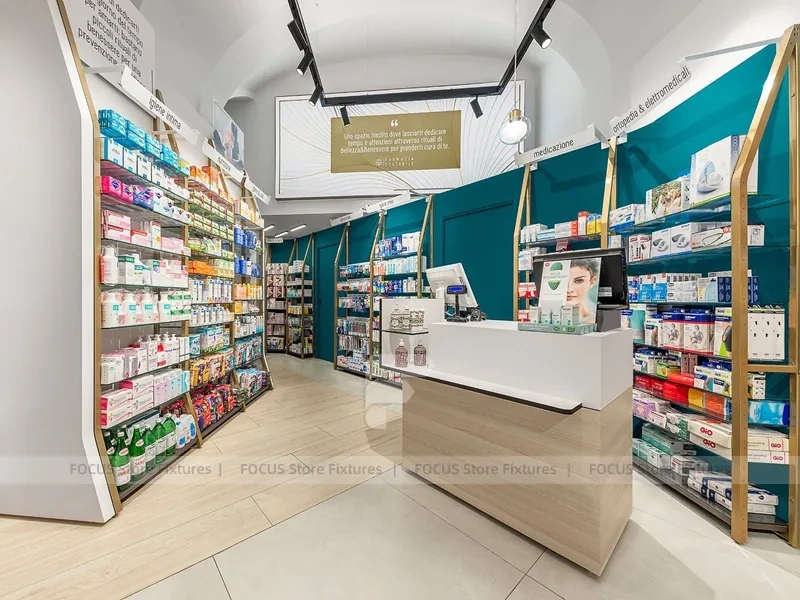 Teal Counter Pharmacy Retail Shelving Interior