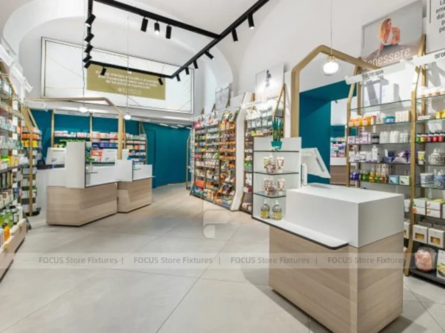 Teal Counter Pharmacy Retail Shelving Interior