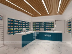 Teal Logo Pharmacy Counter with Wood Slat Ceiling
