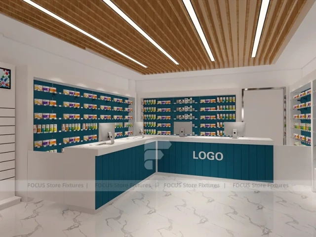Teal Logo Pharmacy Counter with Wood Slat Ceiling