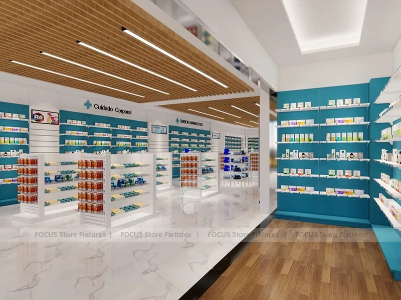 Teal Logo Pharmacy Counter with Wood Slat Ceiling