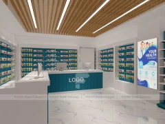 Teal Logo Pharmacy Counter with Wood Slat Ceiling