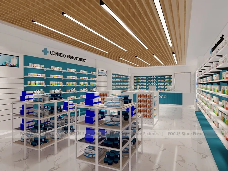 Teal Logo Pharmacy Counter with Wood Slat Ceiling