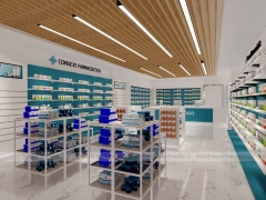 Teal Logo Pharmacy Counter with Wood Slat Ceiling