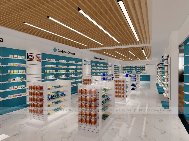 Teal Logo Pharmacy Counter with Wood Slat Ceiling