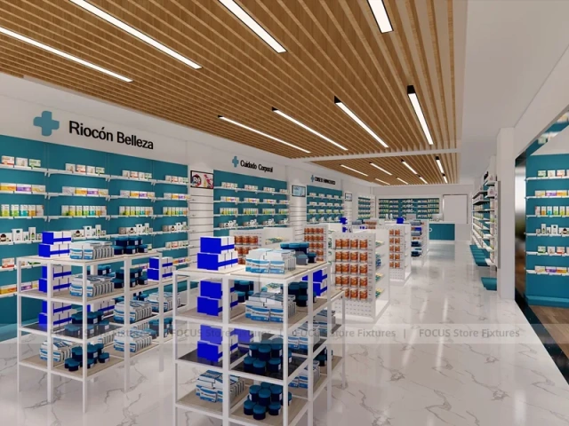 Teal Logo Pharmacy Counter with Wood Slat Ceiling