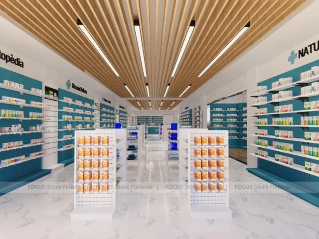 Teal Logo Pharmacy Counter with Wood Slat Ceiling