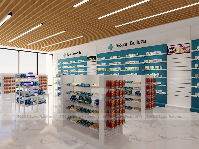 Teal Logo Pharmacy Counter with Wood Slat Ceiling