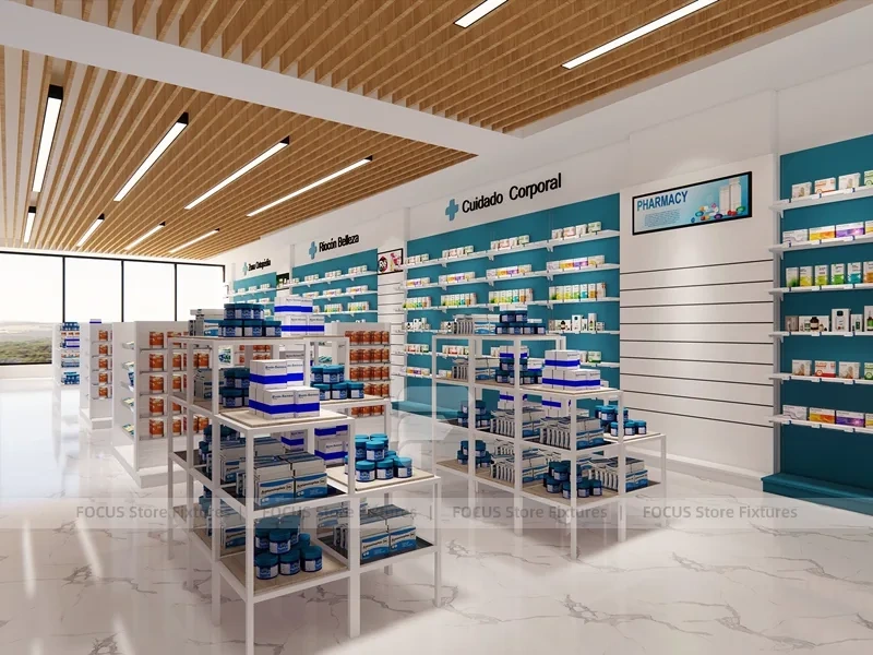 Teal Logo Pharmacy Counter with Wood Slat Ceiling