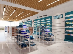 Teal Logo Pharmacy Counter with Wood Slat Ceiling