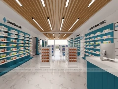 Teal Logo Pharmacy Counter with Wood Slat Ceiling