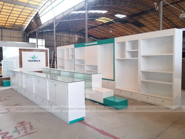 Teal White Pharmacy Counter and Wall Shelf Fixture Set