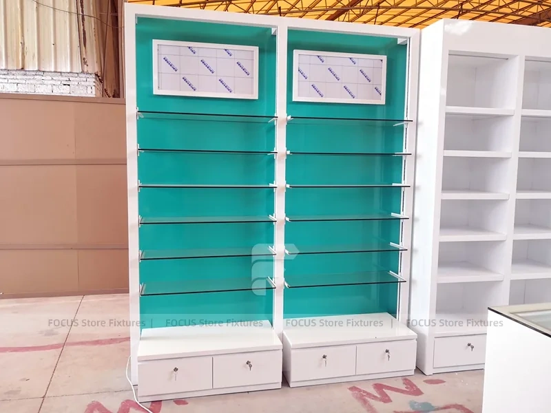 Teal White Pharmacy Counter and Wall Shelf Fixture Set