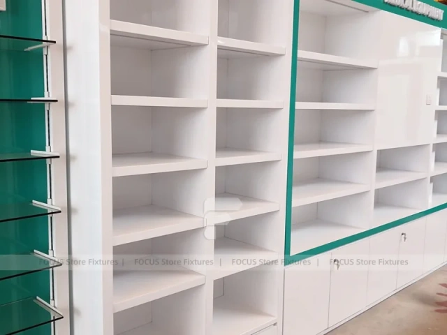 Teal White Pharmacy Counter and Wall Shelf Fixture Set