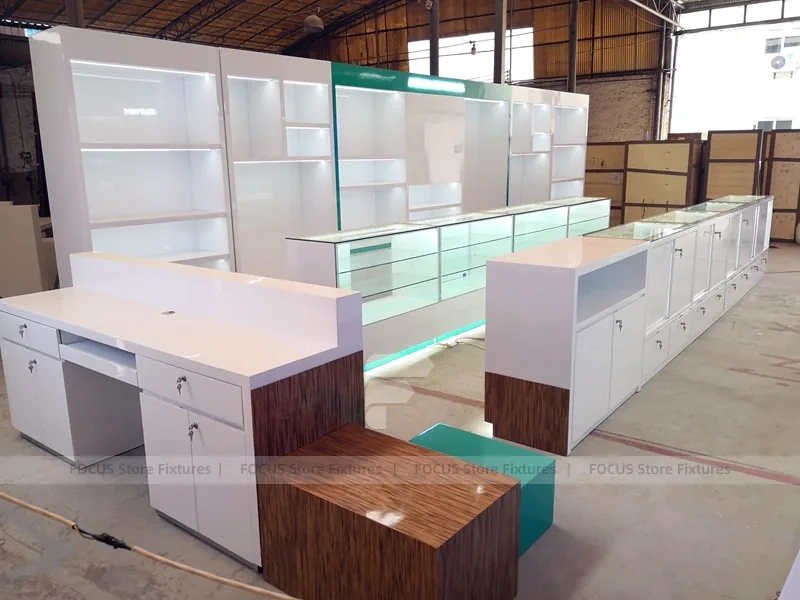 Teal White Pharmacy Counter and Wall Shelf Fixture Set