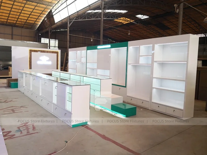 Teal White Pharmacy Counter and Wall Shelf Fixture Set
