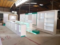 Teal White Pharmacy Counter and Wall Shelf Fixture Set