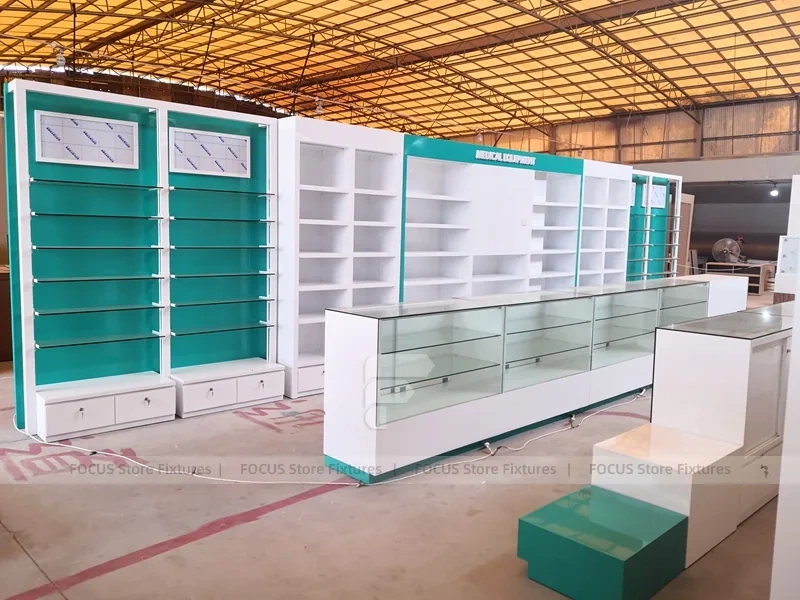 Teal White Pharmacy Counter and Wall Shelf Fixture Set