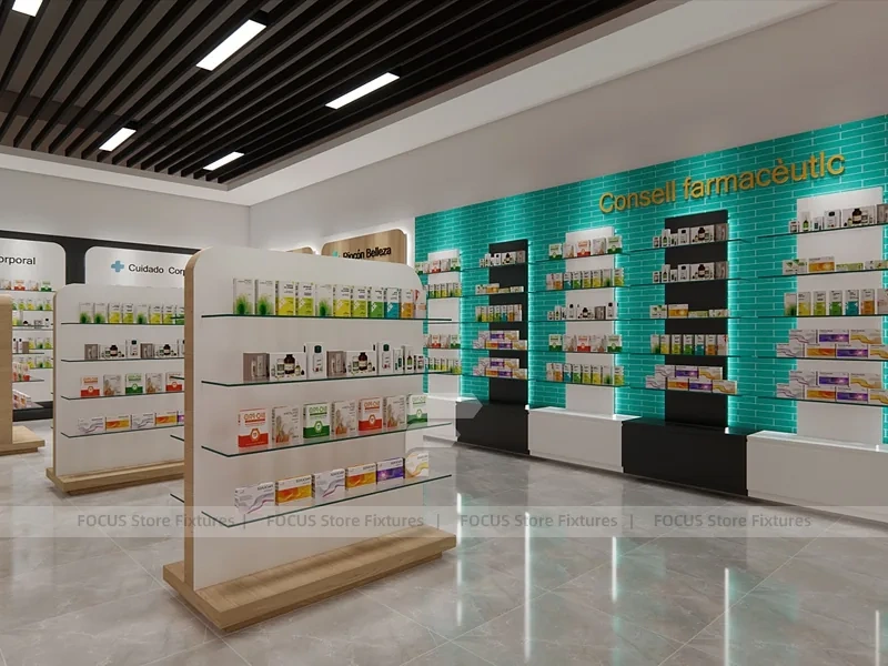 Teal White Pharmacy Shelving with Tree Column Displays