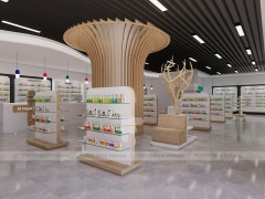 Teal White Pharmacy Shelving with Tree Column Displays
