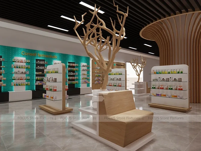 Teal White Pharmacy Shelving with Tree Column Displays