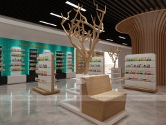 Teal White Pharmacy Shelving with Tree Column Displays