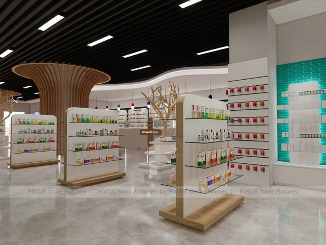 Teal White Pharmacy Shelving with Tree Column Displays