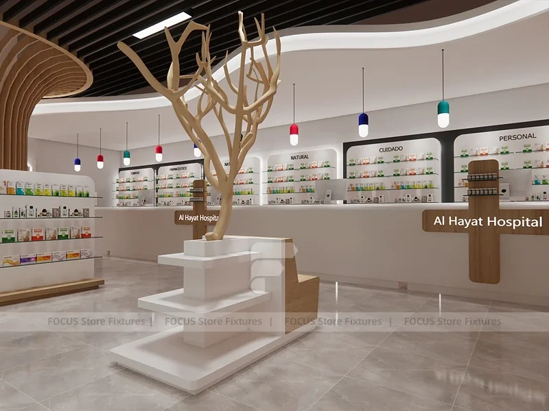 Teal White Pharmacy Shelving with Tree Column Displays