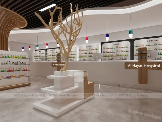 Teal White Pharmacy Shelving with Tree Column Displays