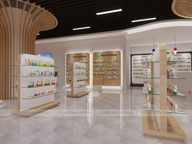 Teal White Pharmacy Shelving with Tree Column Displays