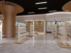Teal White Pharmacy Shelving with Tree Column Displays