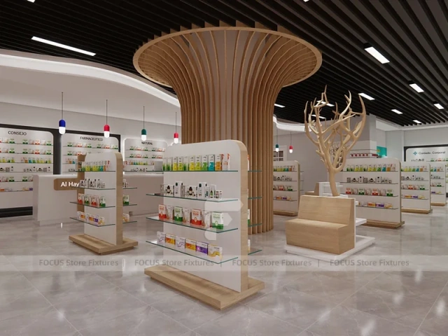 Teal White Pharmacy Shelving with Tree Column Displays