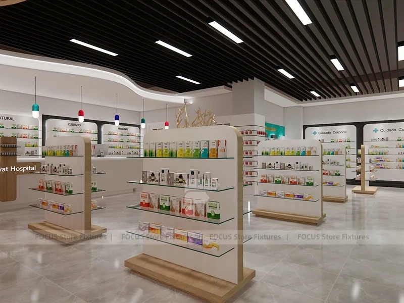 Teal White Pharmacy Shelving with Tree Column Displays