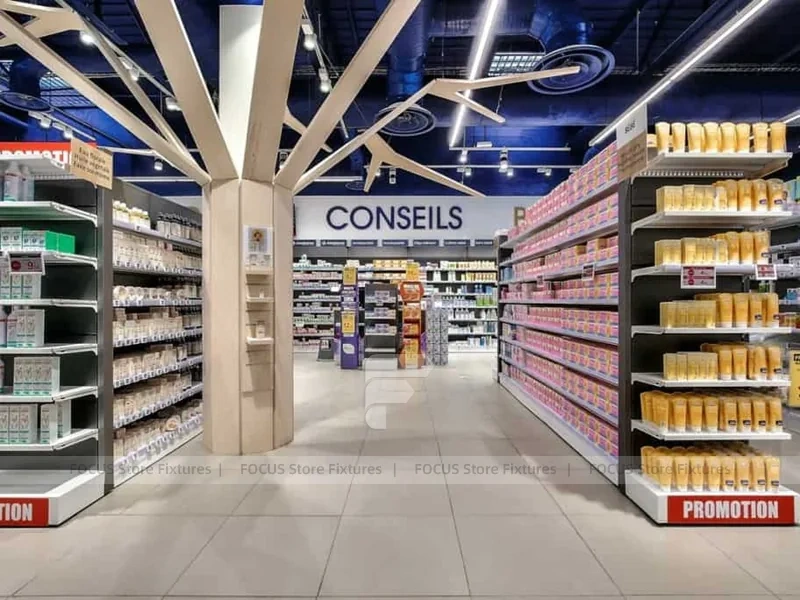 Timber Column Pharmacy Gondola Shelving Layout
