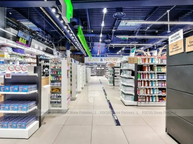 Timber Column Pharmacy Gondola Shelving Layout