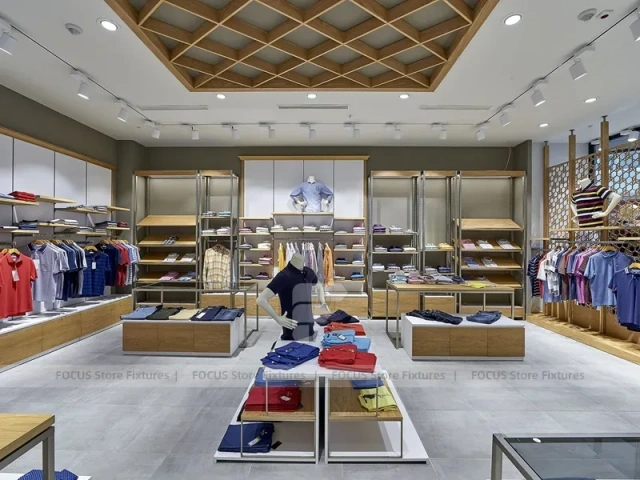 Warm Wood Menswear Wall and Glass Table Display