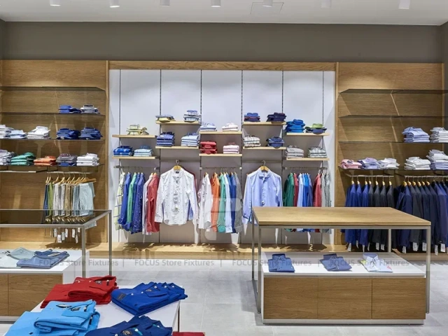 Warm Wood Menswear Wall and Glass Table Display