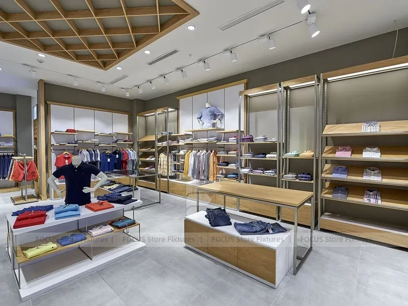 Warm Wood Menswear Wall and Glass Table Display