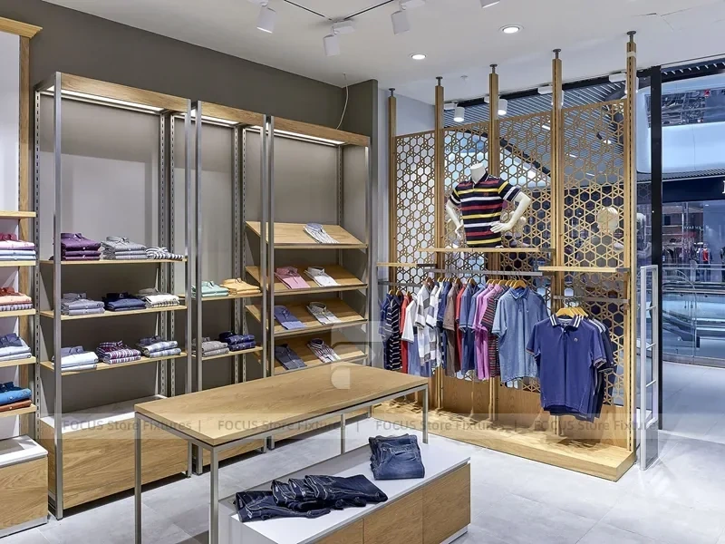 Warm Wood Menswear Wall and Glass Table Display